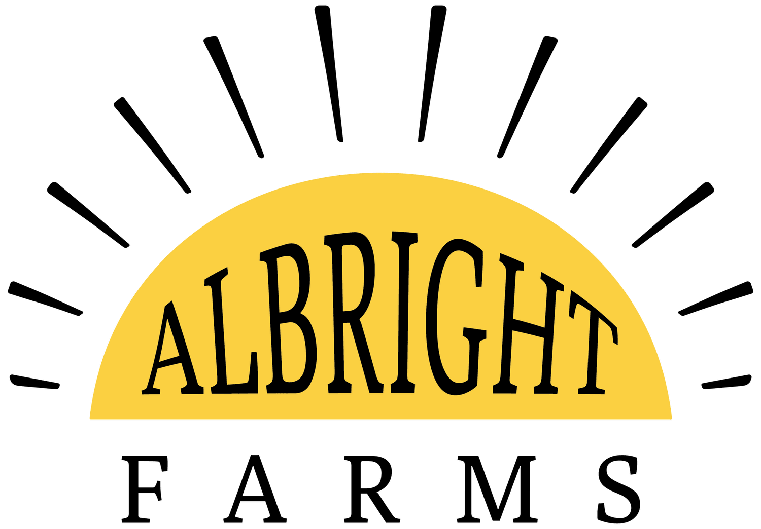 Logo of Albright Farms featuring a yellow sunburst design with the text "ALBRIGHT FARMS" in bold, black letters below. Ideal for representing fresh produce and farm products.
