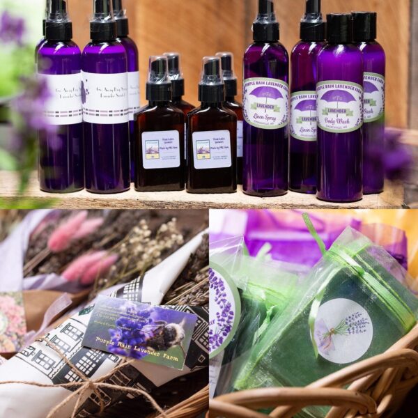 Lavender products displayed at Purple Rain Lavender Farm, featuring lavender sprays, body wash, and herbal sachets in vibrant purple packaging. The arrangement includes a business card and dried lavender bundles, showcasing a variety of natural lavender-based items for wellness and relaxation.